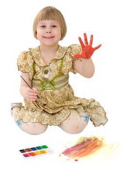 Little girl drawing of water-colore on the white