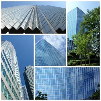 Modern buildings collage with bluw windows and sky