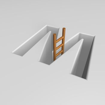 uppercase letter m shape hole with ladder - 3d illustration