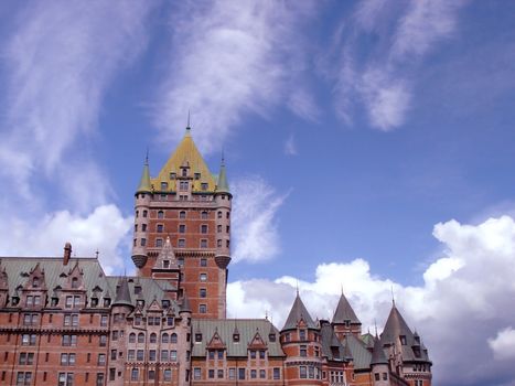 Top of Frontenac castle hotel in Quebec, Canada, by beautiful weather