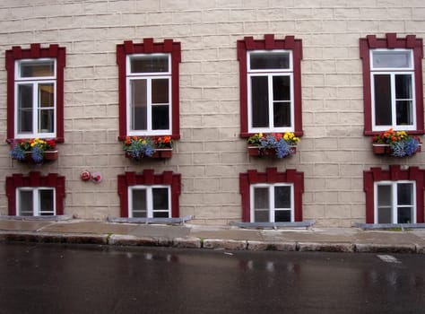 Wet asphalt of a street in old Quebec, Canada, with the typical facade and windows of a house