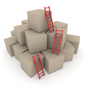 a pile of cardboard boxes - three red glossy ladders are used to climb to the top