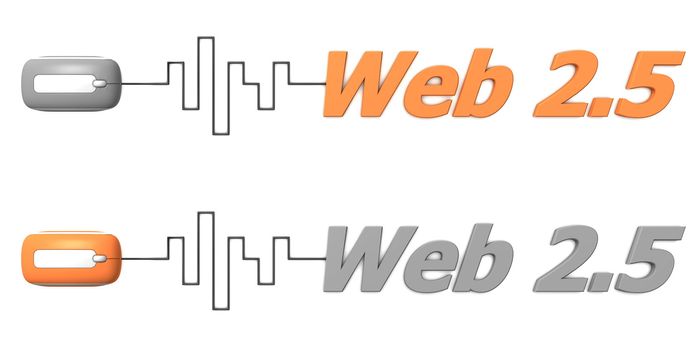 modern computer mouse connected to the word Web 2.5 via digital waveform cable - mouse and word both in grey and orange