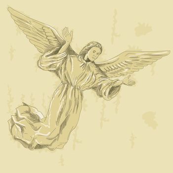 hand drawn sketched illustration of an Angel with arms spread wearing a surplice