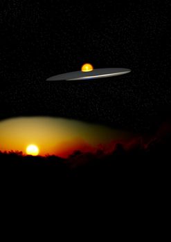 A UFO that is flying high over a sunset. 