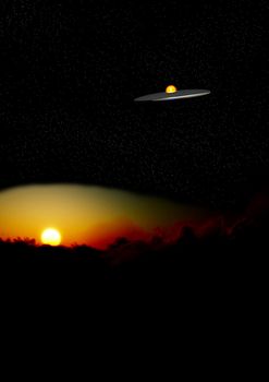 A UFO that is flying high over a sunset. 