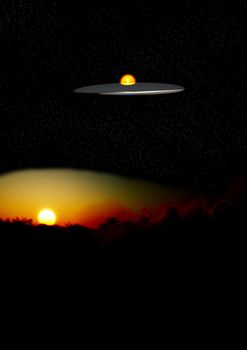 A UFO that is flying high over a sunset. 