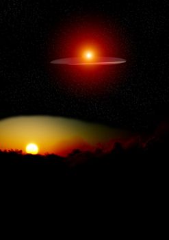 A UFO that is flying high over a sunset. 