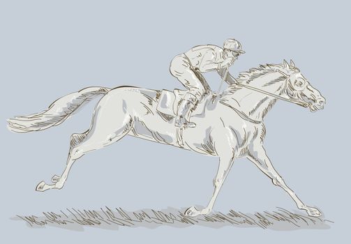 Hand sketched and drawing of a Horse and jockey in a race winning