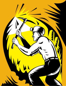 illustration of a Coal miner at work with pick ax done in woodcut style