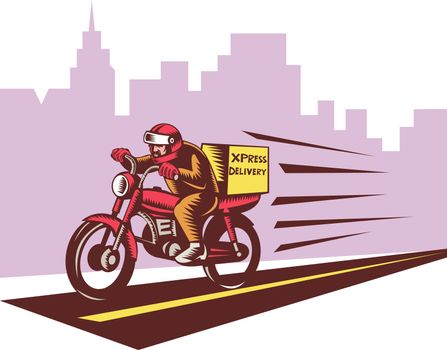 illustration of a Courier delivery person riding motorbike done in woodcut style