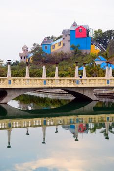 View of bridge with reflection over water