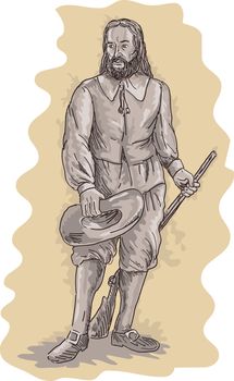 illustration of a Pilgrim standing holding a musket rifle