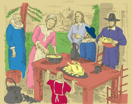 hand drawn illustration of Pilgrims celebrating first thanksgiving dinner