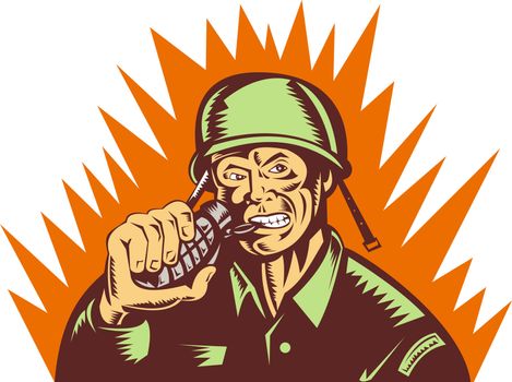 illustration of a world war two soldier pulling pin of hand grenade