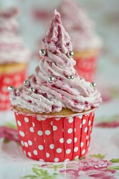 Large cupcake with a mascarpone and raspberry topping