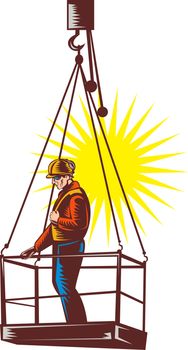 illustration of a Construction worker on platform being hoisted up done in retro woodcut style.