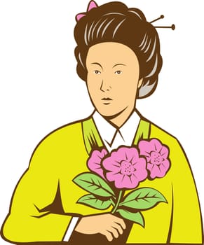 illustration of a Japanese woman in kimono holding flowers