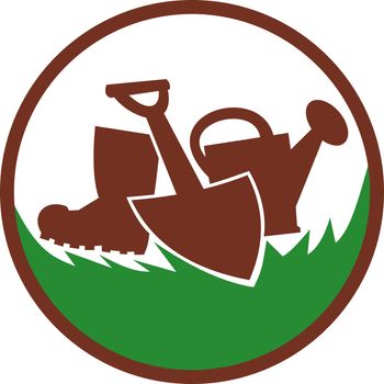 illustration of an icon or symbol for landscape gardener,horticulturist showing a watering can,shovel and gumboots.