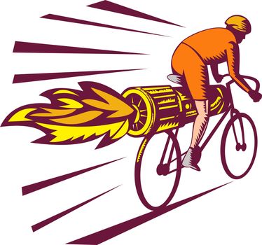 illustration of a Cyclist racing with jet engine on bicycle isolated on white woodcut style