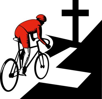 illustration of a Cyclist racing on bicycle with cross on road