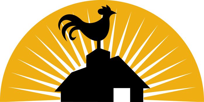 illustration of a Rooster crowing on top of farm house or barn