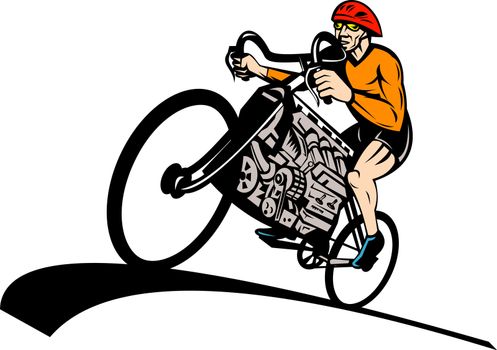 illustration of a Cyclist riding racing bicycle with v8 car engine