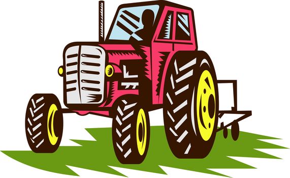 illustration of a vintage tractor done in woodcut style.