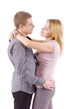 isolated on a white background guy hugs girl
