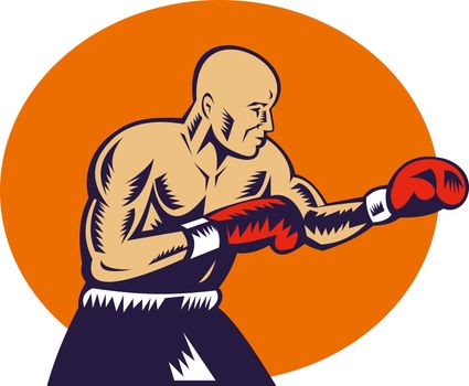 illustration of a boxer jabbing side view done in woodcut style