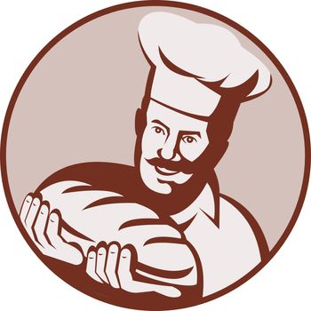 illustration of a cook,chef or baker holding a loaf of bread