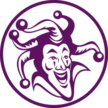 illustration of a jester enclosed in circle on white
