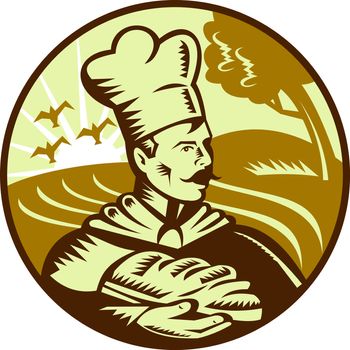 Done in retro woodcut style, imagery shows a baker holding a loaf of bread with farm in the background. Three (3) colors used in this illustration.