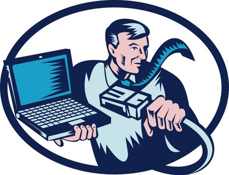 Done in retro woodcut style, the image shows a computer guy holding a network cable and laptop. 