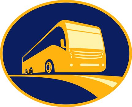 Imagery shows an icon for a tourist coach bus traveling on road viewed from a low angle. Done in three (3) colors and enclosed in an ellipse.