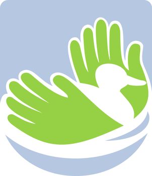 Icon shows a wild duck swimming with hands that also look like wings or grass reeds.