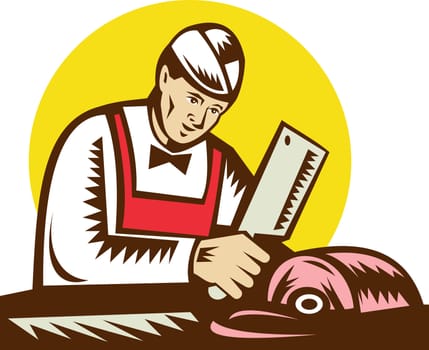 illustration of a butcher chopping meat done in woodcut style.