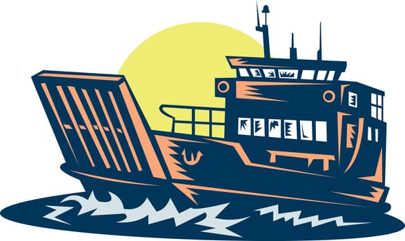 illustration of a Barge or ferry boat at sea done in woodcut style.