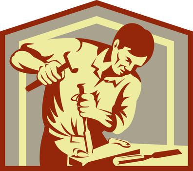 Imagery shows a carpenter at work chiseling away enclosed in a chevron.