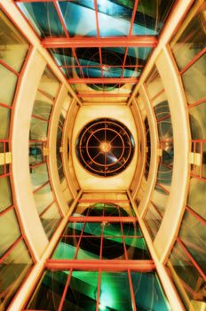 View from below of interior futuristic glass building
