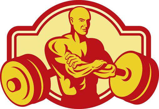 Imagery shows a Weightlifter or Body builder posing with weights at the back.