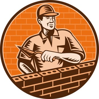 illustration of a Mason worker or brick layer holding a trowel working on brick wall done in woodcut style.