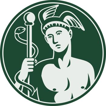 Imagery shows Greek God Hermes holding a caduceus enclosed in a circle.