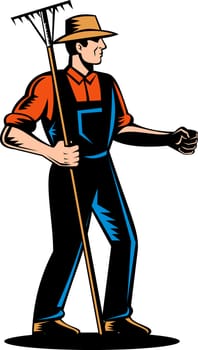 illustration of a Farmer standing to side and holding a rake