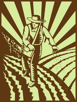 illutration of a Farmer sowing seeds with sunburst done in retro woodcut style