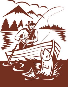 illustration of a Fly fisherman catching trout on boat done in woodcut style