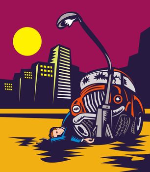 vector illustration of a Man drink driving crashing car into lamp post