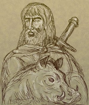 hand drawn sketch of Norse god of agriculture with sword and boar