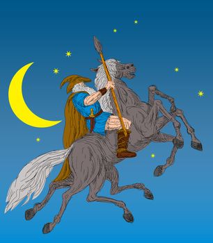 illustration of the Norse God Odin riding eight-legged horse, Sleipner in the wild hunt. Hand 
sketched and drawn.