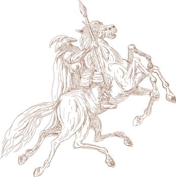 illustration of the Norse God Odin riding eight-legged horse, Sleipner in the wild hunt. Hand 
sketched and drawn.